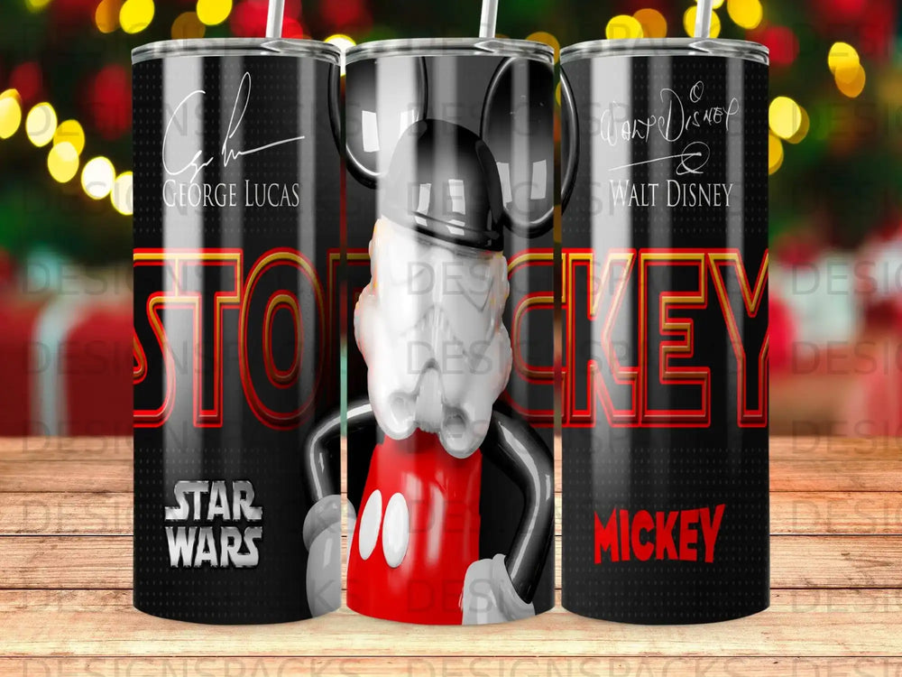 Mickey Mouse and Star Wars logo on a black tumbler with "George Lucas" and "Walt Disney" text.