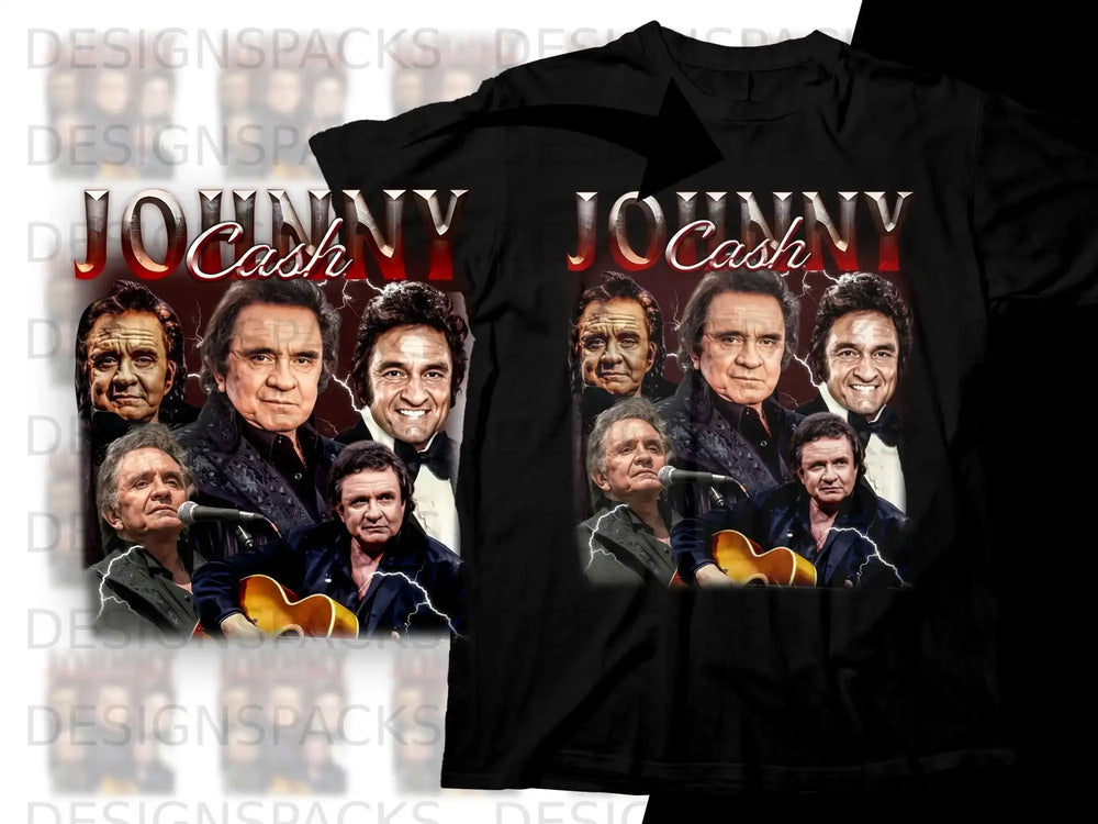 Johnny Cash collage portrait t-shirt with guitar and lightning graphics.