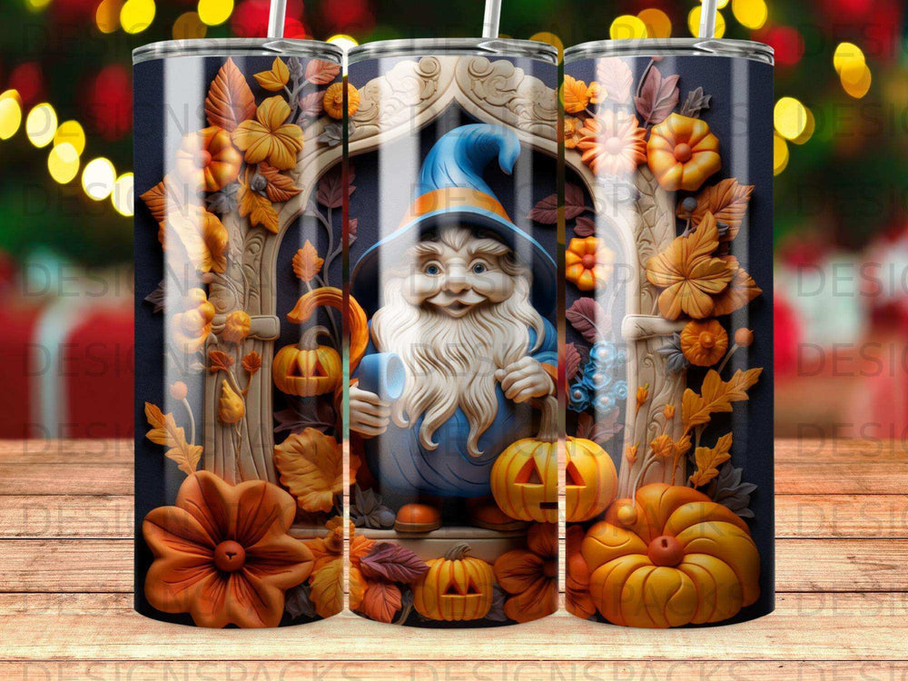 Gnome with pumpkins and autumn flowers on a dark background.