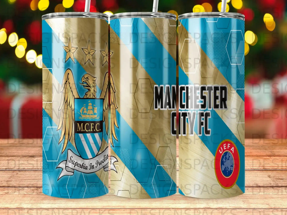 Manchester City FC M.C.F.C. stadium and UEFA logo on cylindrical items.