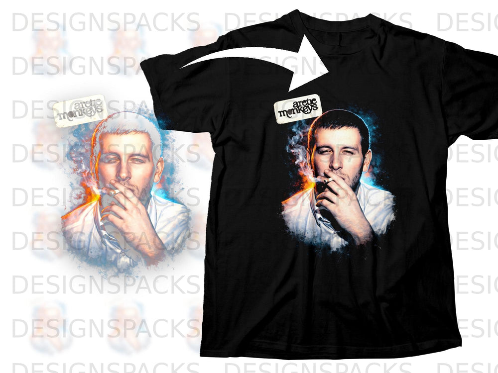Black t-shirt with Arctic Monkeys logo and smoking man graphic.