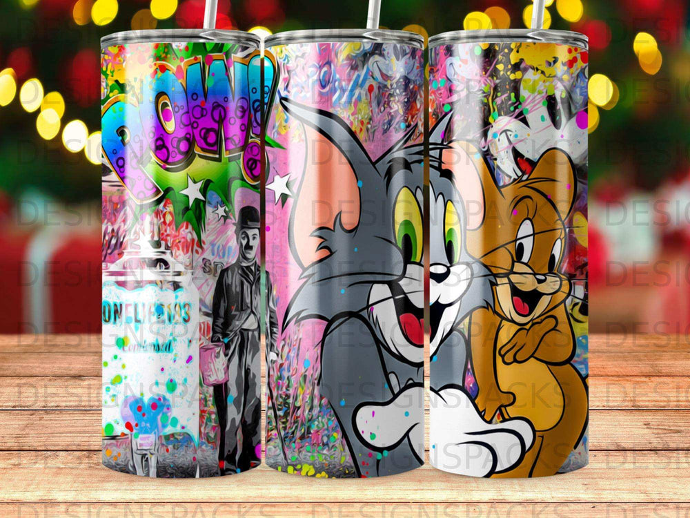 Cartoon characters Tom and Jerry on a tumbler with colorful abstract art.