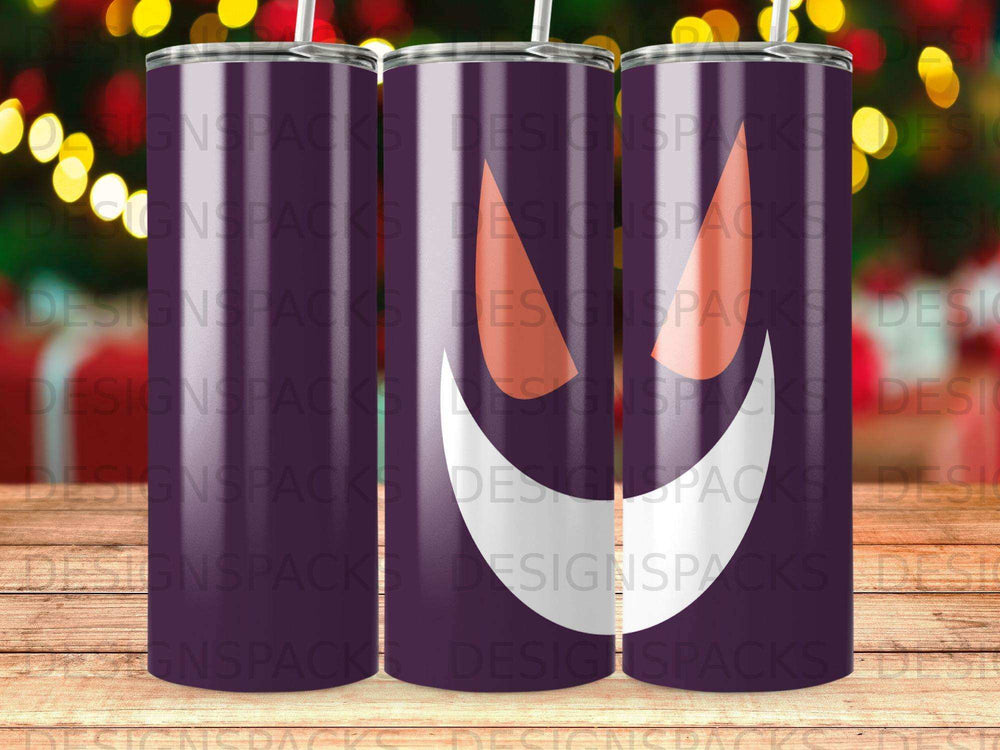 Three purple tumblers with a ghost face design and repeating "DESIGNSPACKS" watermark.