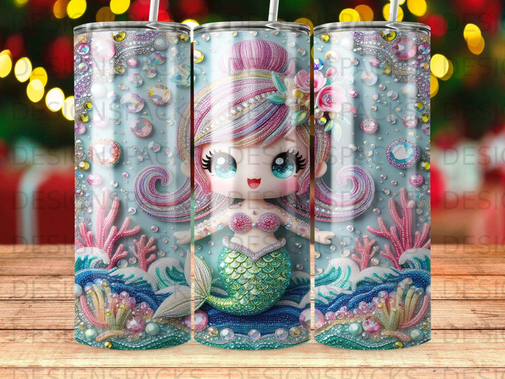 Mermaid with pink hair and a teal tail sits among colorful coral and bubbles.