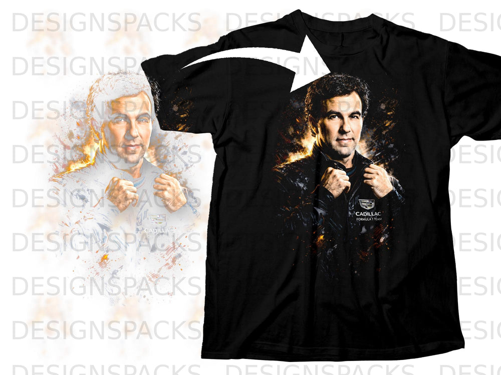 Black t-shirt featuring a graphic of a man and Cadillac Formula 1 Team logo.