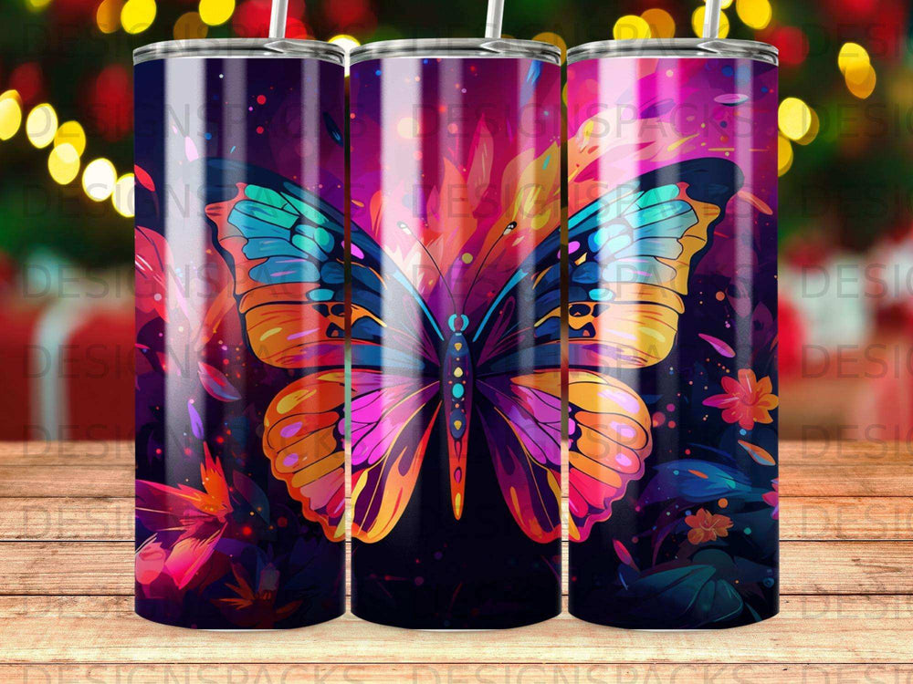 Colorful butterfly design on a black background with floral accents.