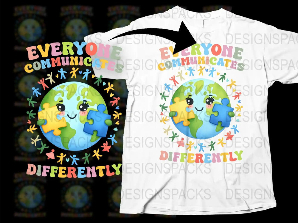 Colorful Everyone Communicates Differently Graphic T-Shirt, Unisex Adult Clothing, Casual Tee Design
