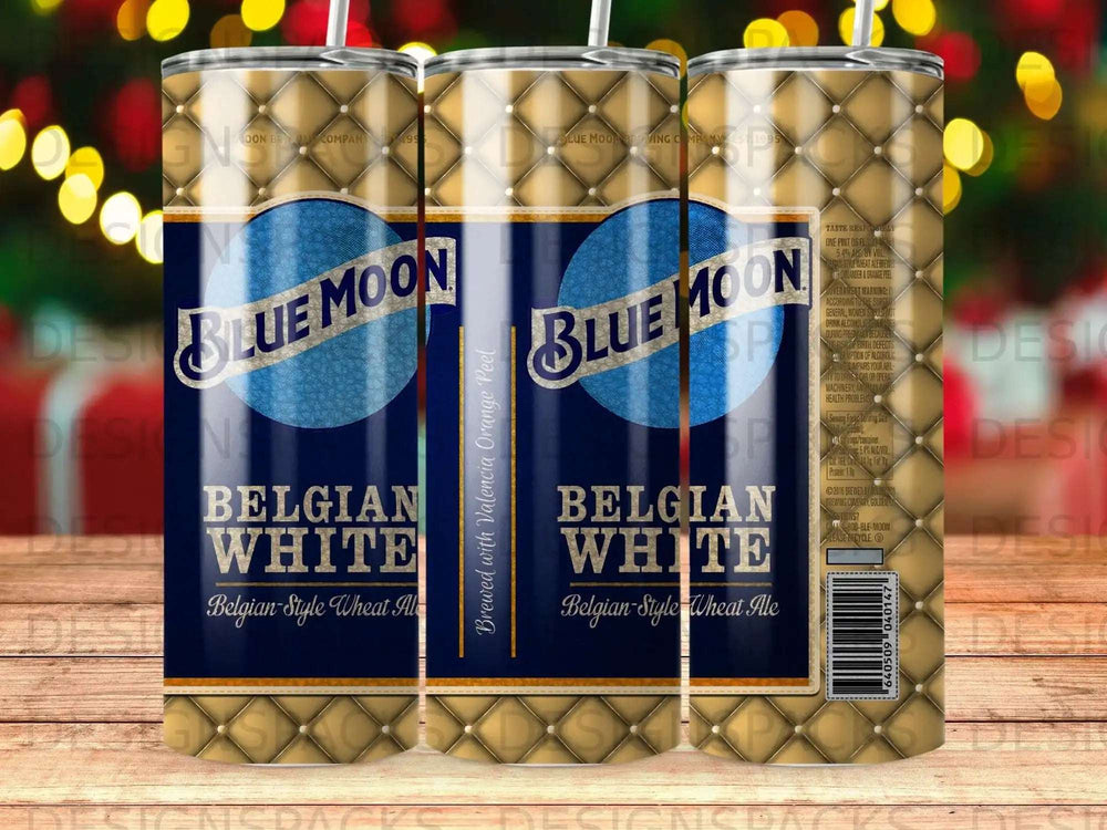 Blue Moon Belgian White Ale can with orange peel, brewing company, and nutritional information.