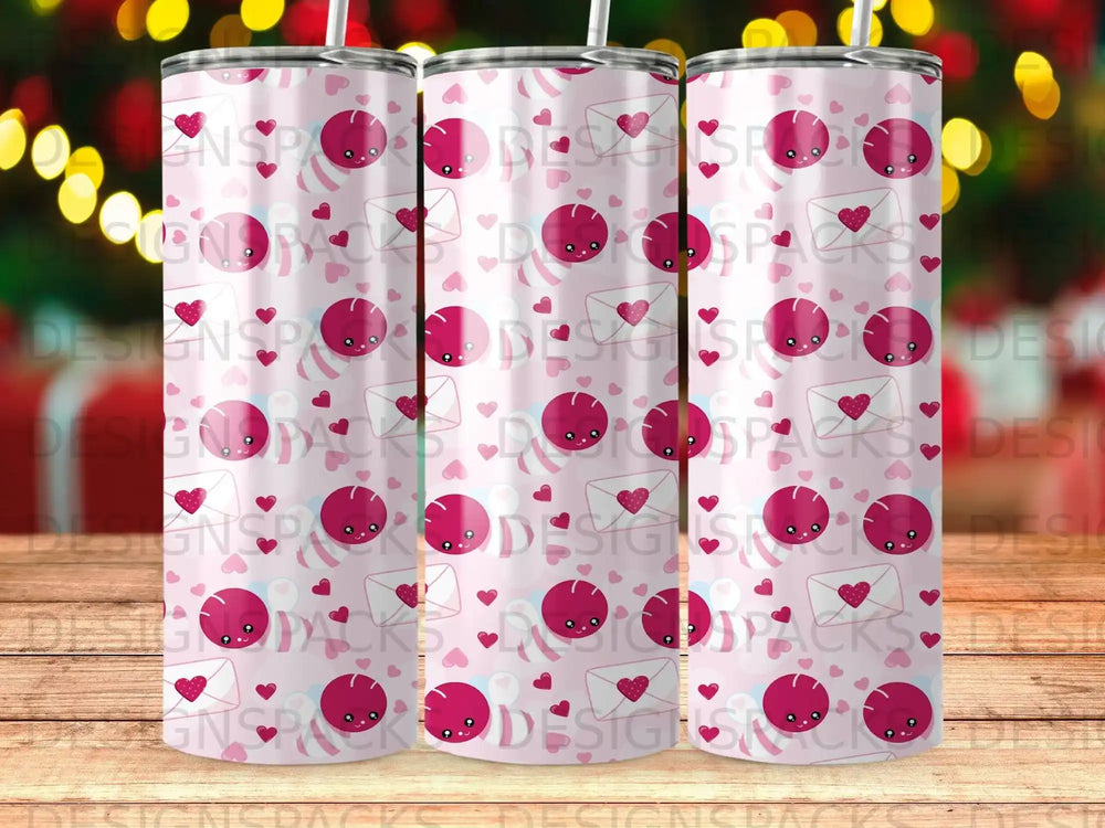 Valentine's Day tumbler with hearts, envelopes, and smiling faces pattern.