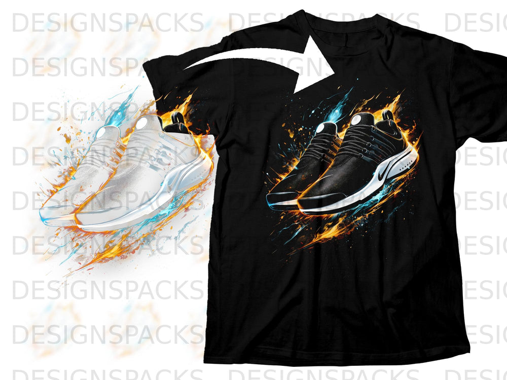 Black t-shirt with graphic of black and white athletic shoes engulfed in flames.