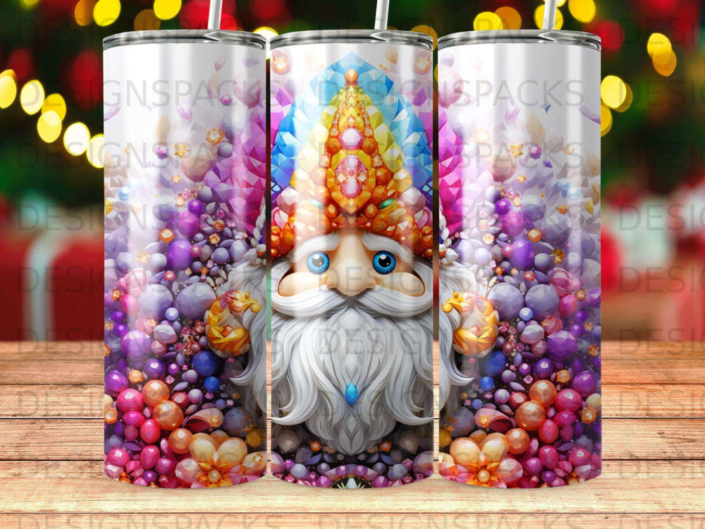 Santa Claus with a jeweled crown surrounded by colorful ornaments.