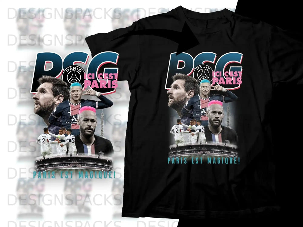 Paris Saint-Germain t-shirt with player collage and "Paris est Magique!" text.