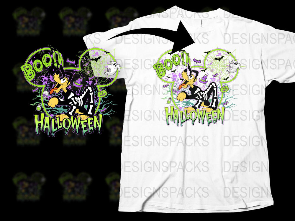 Halloween T-Shirt with Cartoon Dog, Ghosts, and 'Boo!' Text, Fun Spooky Apparel, Unisex Kids and Adults Tee