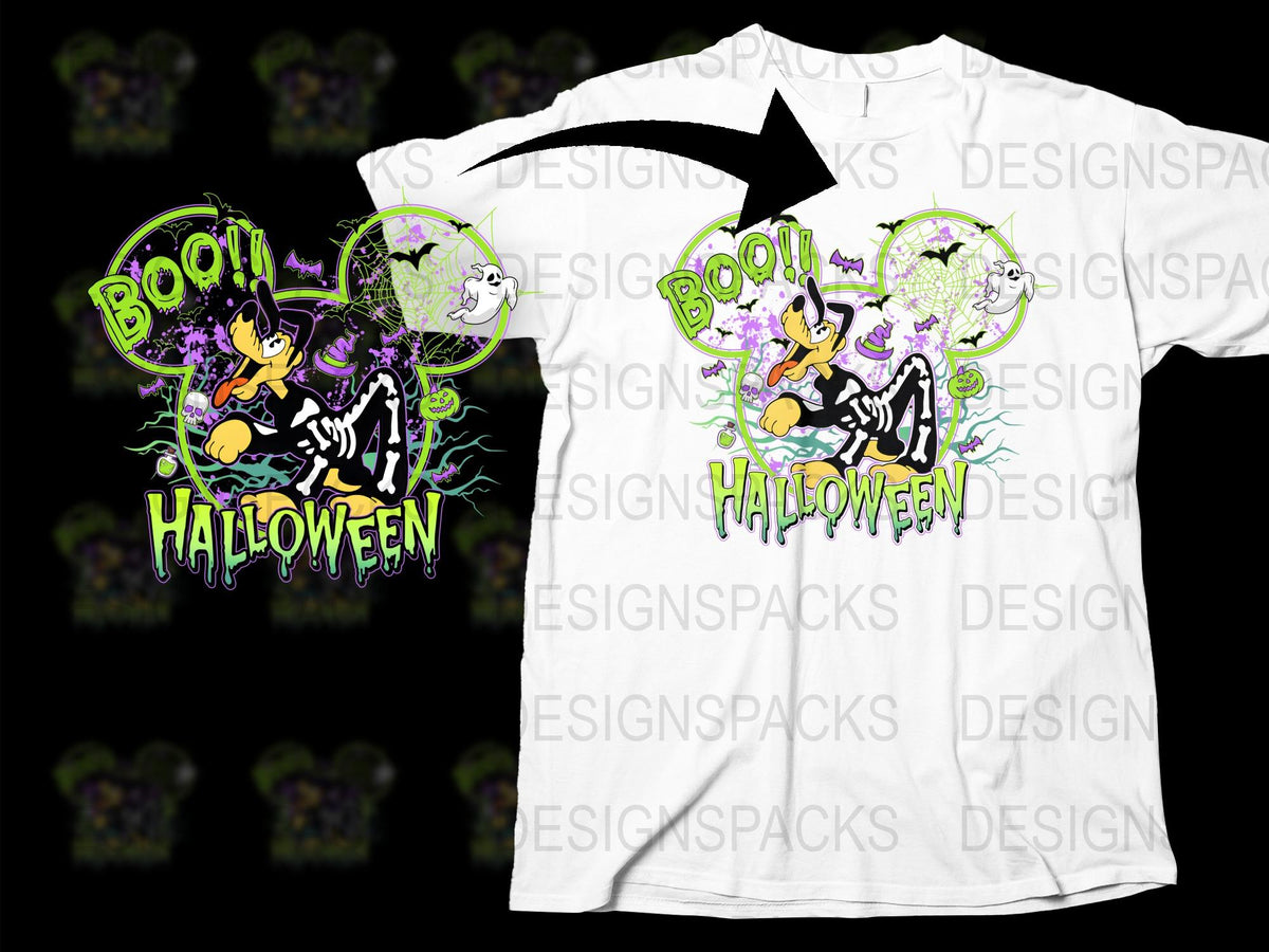 Halloween T-Shirt with Cartoon Dog, Ghosts, and 'Boo!' Text, Fun Spooky Apparel, Unisex Kids and Adults Tee