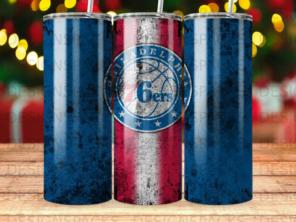 Philadelphia 76ers logo on distressed American flag tumbler.