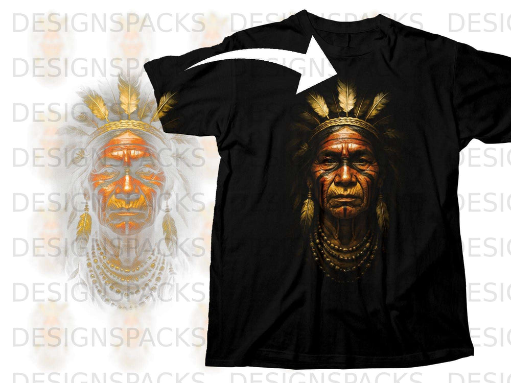 Black t-shirt featuring a detailed portrait of a Native American chief with war paint and feathers.