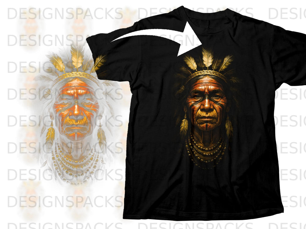 Black t-shirt featuring a detailed portrait of a Native American chief with war paint and feathers.