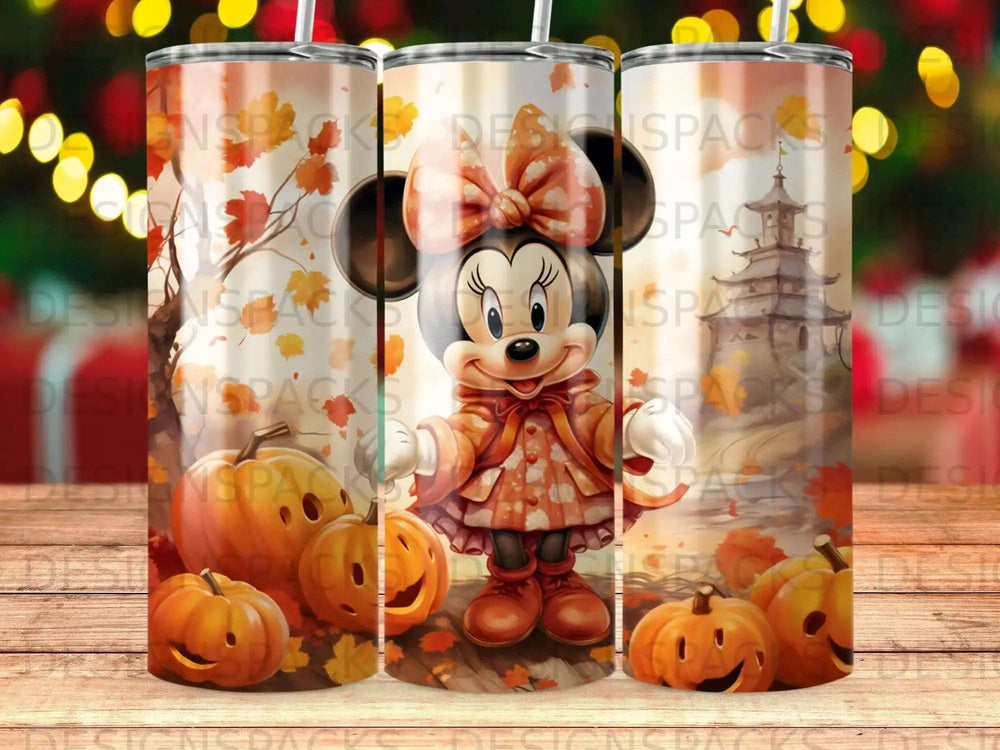 Minnie Mouse in a pumpkin patch wearing an orange dress.