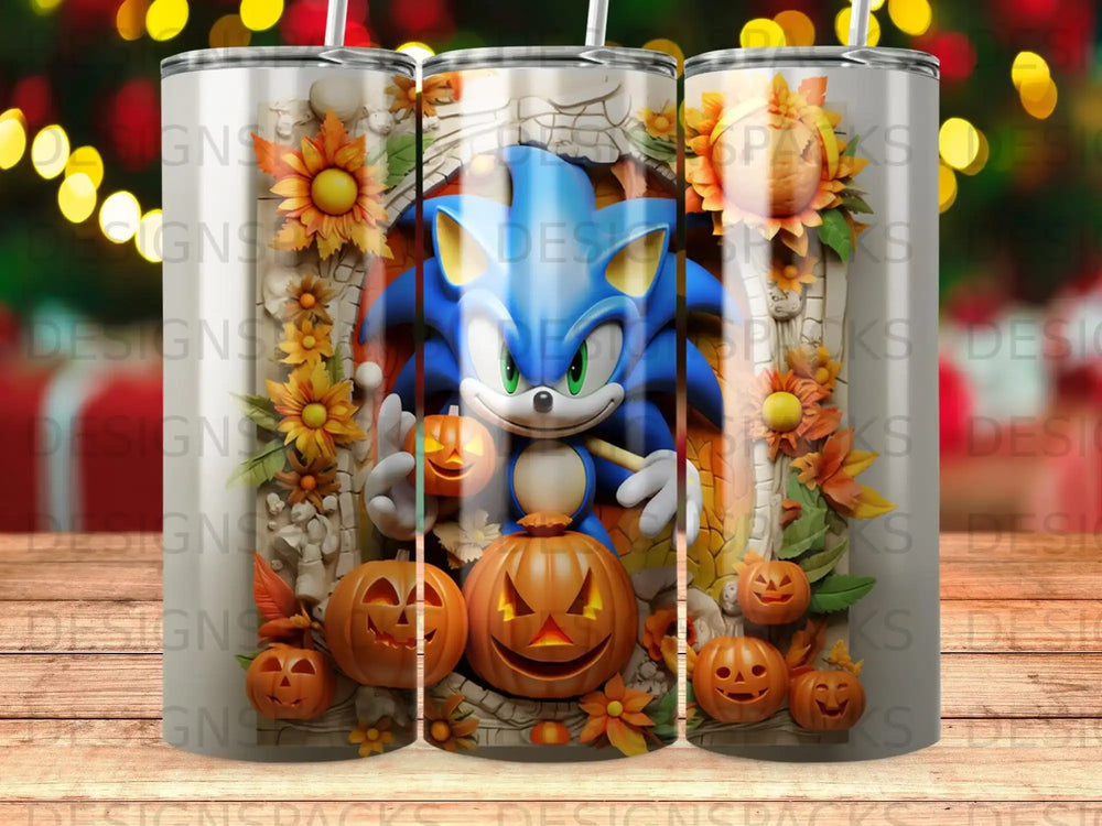 Sonic the Hedgehog in a Halloween scene with pumpkins and fall flowers.