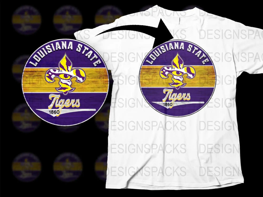 Louisiana State Tigers Logo T-Shirt, Vintage College Sports Tee, Graphic Printed Shirt, Purple and Gold, Men and Women Sizes Available
