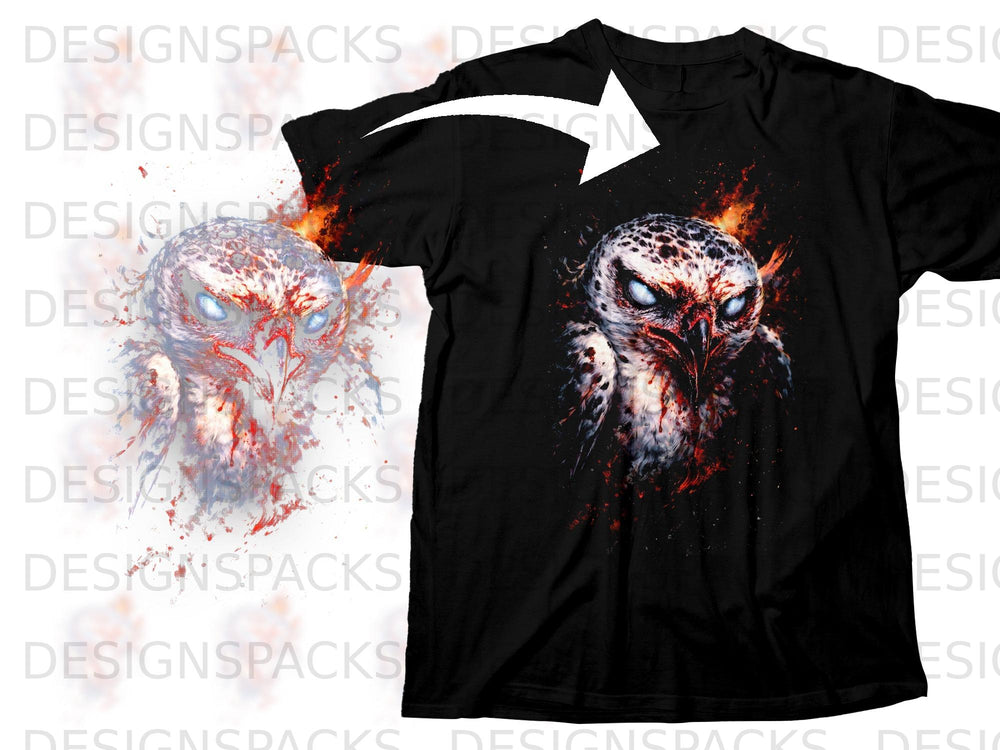 Black t-shirt with a fierce, fiery owl graphic on the front.