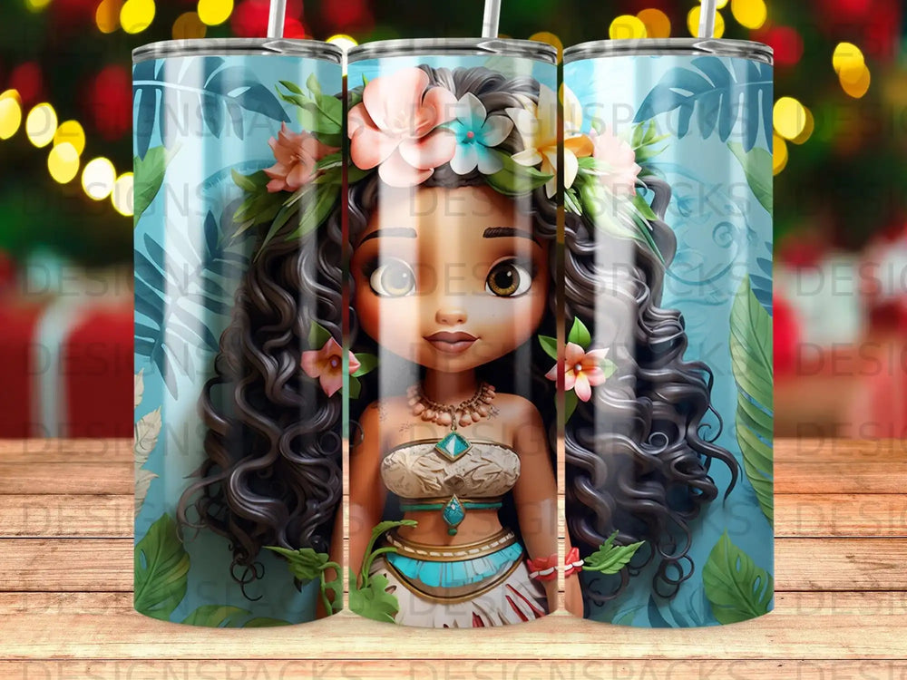 Cartoon girl with flowers in her hair wearing a tribal outfit.