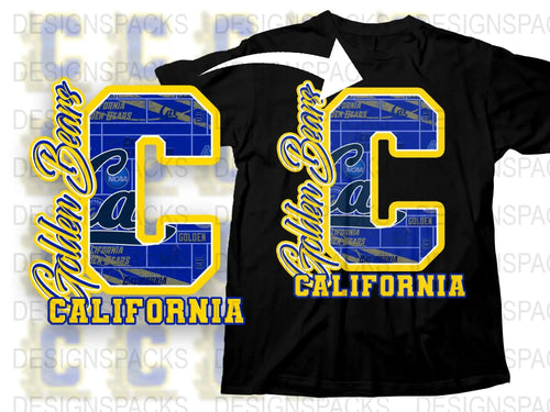 Golden Bear California Graphic T-Shirt, Navy Blue and Yellow Bold Letters, Casual Wear