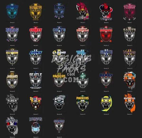 NFL team helmet designs for DTF/DTG and embroidery, print-ready PNG, PES, SVG files