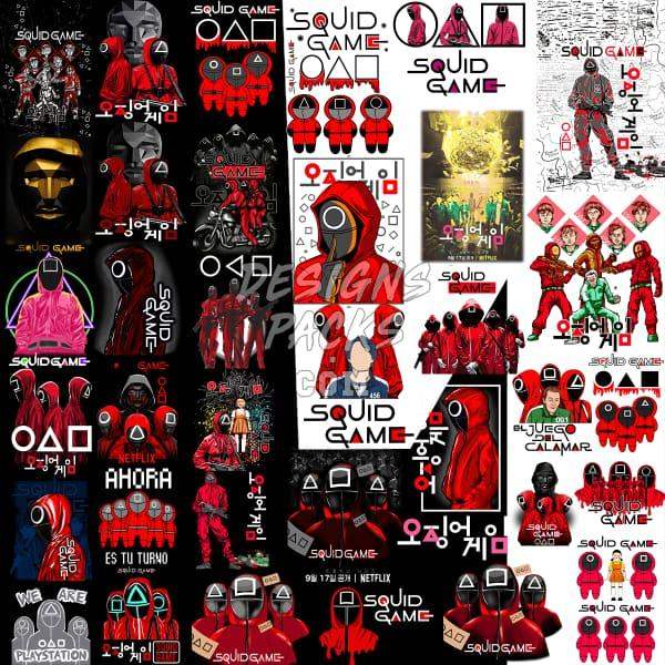 Squid Game DTF/DTG designs bundle with print-ready PNG, PES, SVG for t-shirts, tumblers, embroidery