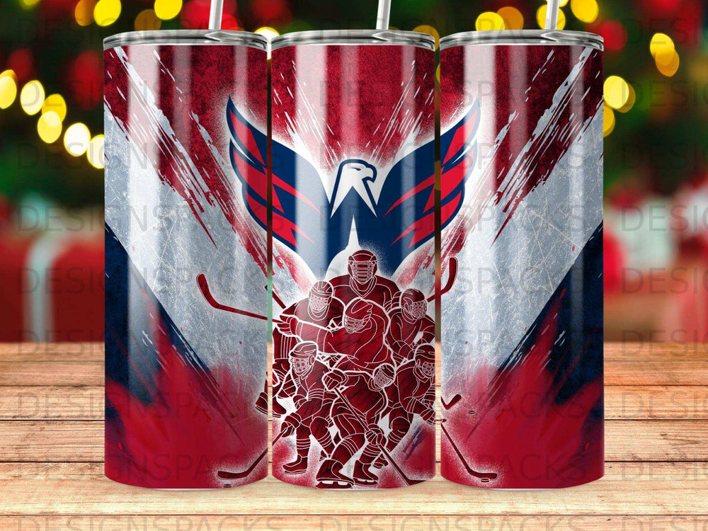 Washington Capitals logo and hockey players on a red, white, and blue striped tumbler.