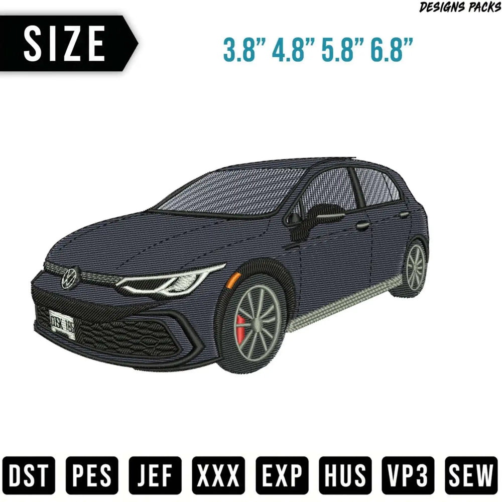 Embroidery design of a dark blue hatchback car in multiple sizes.