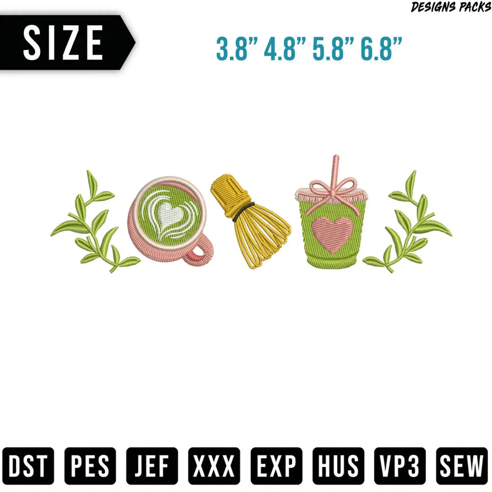 Machine embroidery design of a latte, whisk, and matcha drink with leaves.