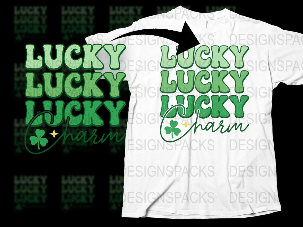 Lucky Charm T-Shirt, St. Patrick's Day Shirt, Green Text, Four Leaf Clover, Festive Holiday Apparel