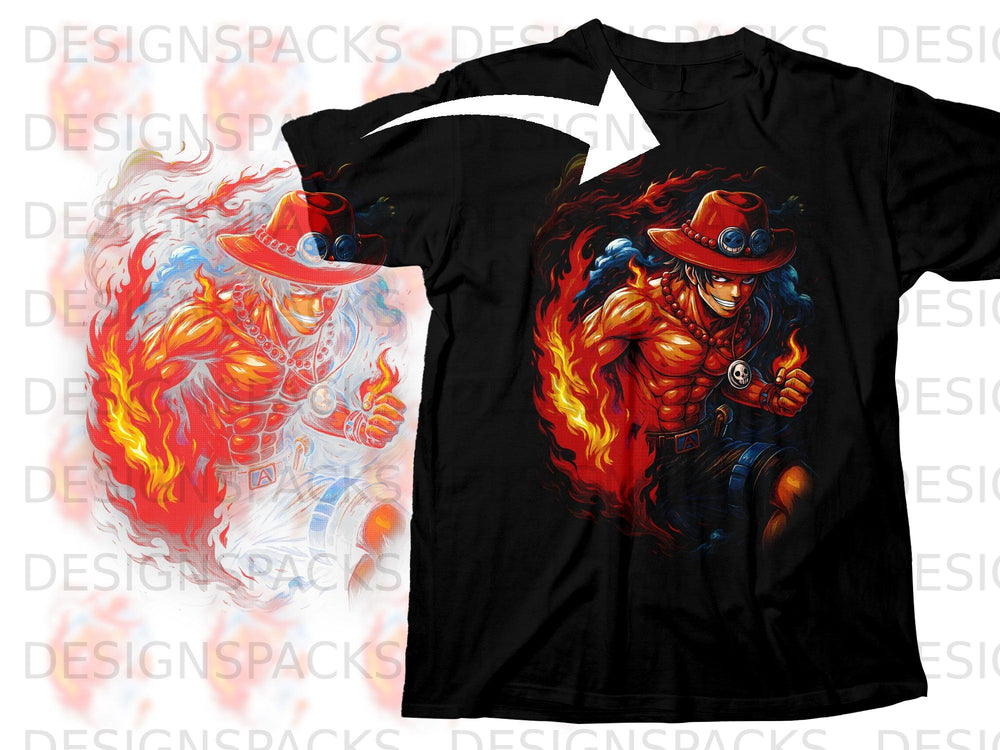 Black t-shirt with a fire-themed anime character illustration on the chest.