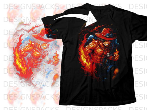 Black t-shirt with a fire-themed anime character illustration on the chest.