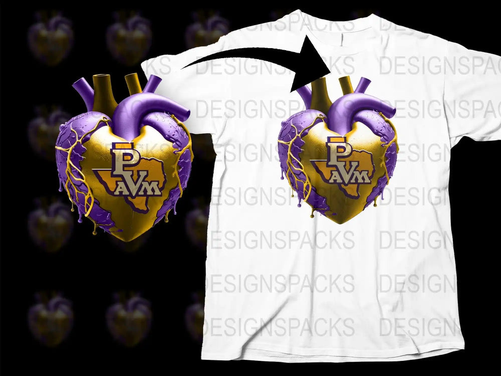 Graphic T-Shirt Purple Gold Heart Emblem, Cool Urban Style Tee, Unique Design Top for Adults