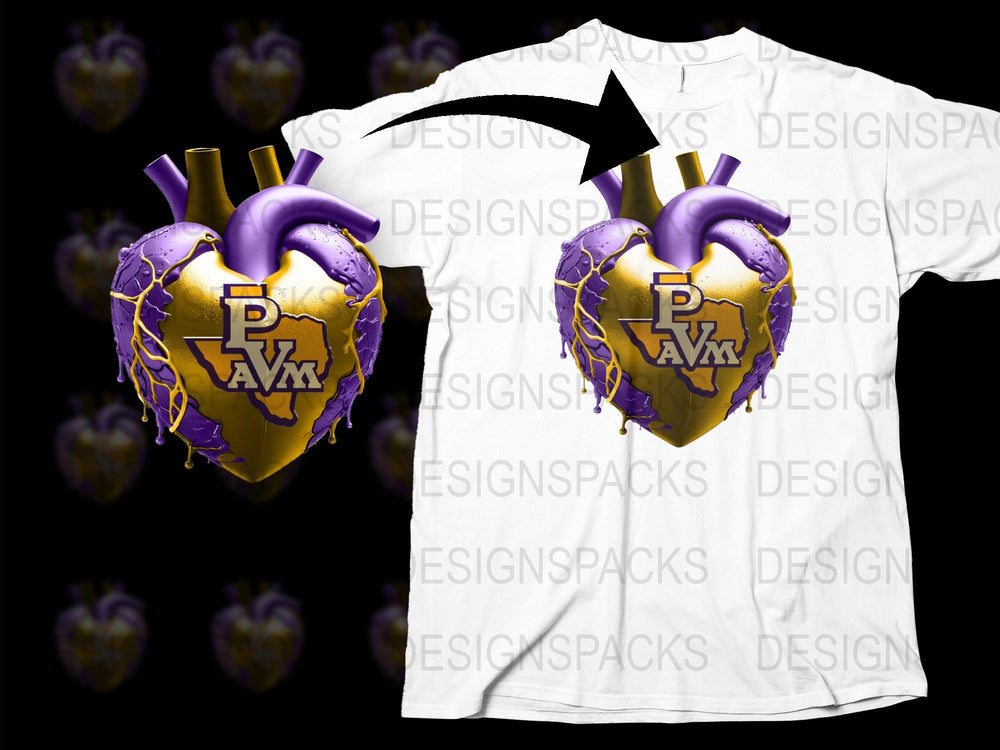 Graphic T-Shirt Purple Gold Heart Emblem, Cool Urban Style Tee, Unique Design Top for Adults