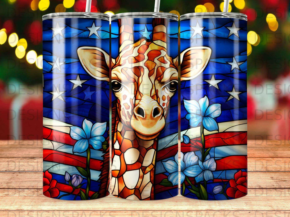 Giraffe with American flag and floral stained glass pattern.