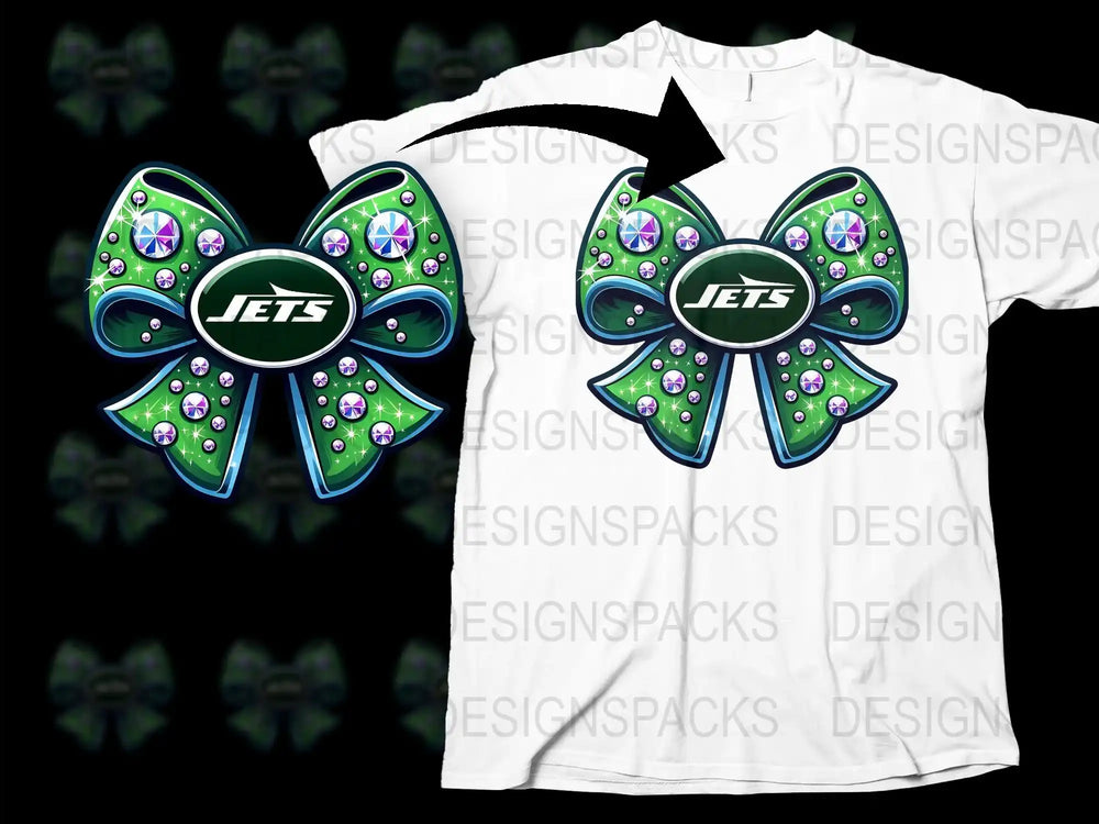 Jets Inspired Rhinestone Bow Design T-Shirt, Green White Cheer Bow Graphic Tee, Sparkle Sports Fan Apparel