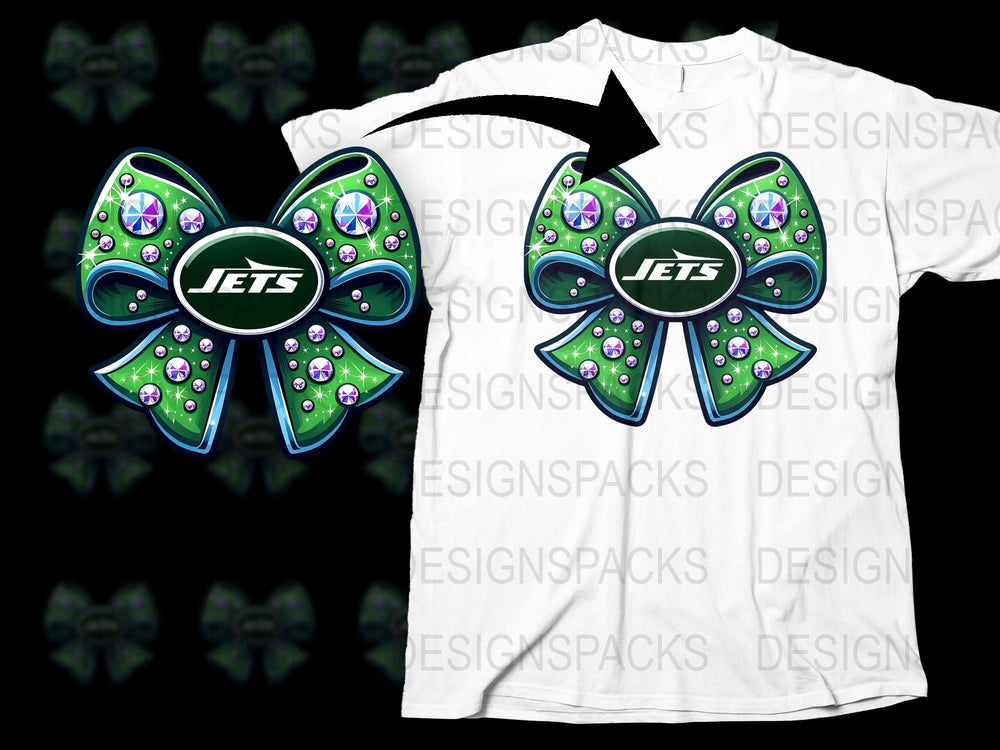 Jets Inspired Rhinestone Bow Design T-Shirt, Green White Cheer Bow Graphic Tee, Sparkle Sports Fan Apparel