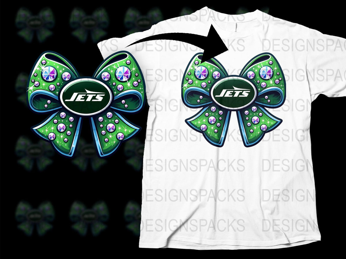 Jets Inspired Rhinestone Bow Design T-Shirt, Green White Cheer Bow Graphic Tee, Sparkle Sports Fan Apparel