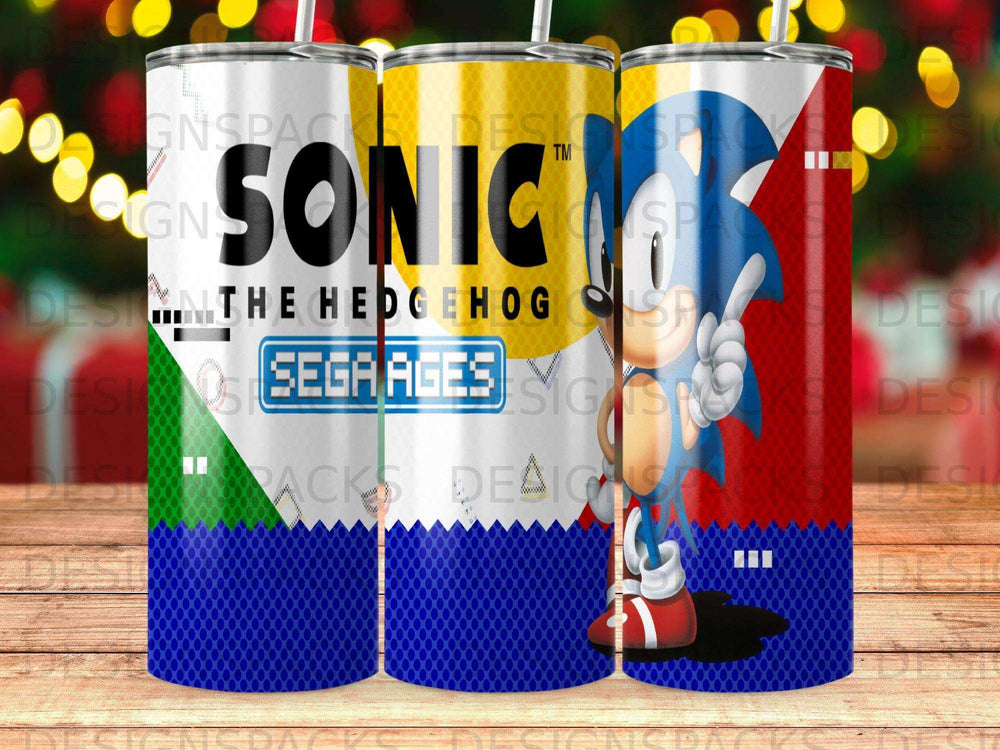 Sonic the Hedgehog Sega Ages tumbler with Sonic character and checkered pattern.