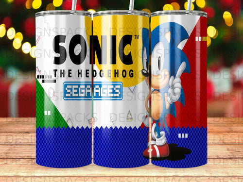 Sonic the Hedgehog Sega Ages tumbler with Sonic character and checkered pattern.