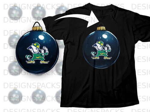 Black t-shirt with a dark blue ornament featuring the Notre Dame leprechaun mascot.