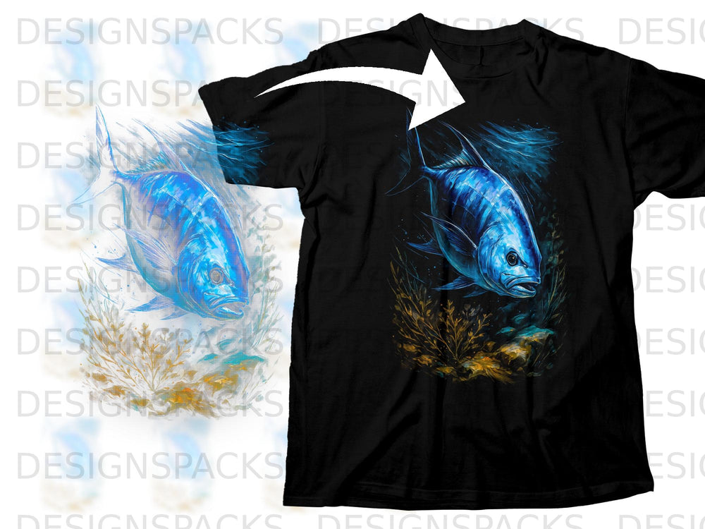 Black t-shirt featuring a detailed graphic of a blue fish swimming amongst underwater plants.