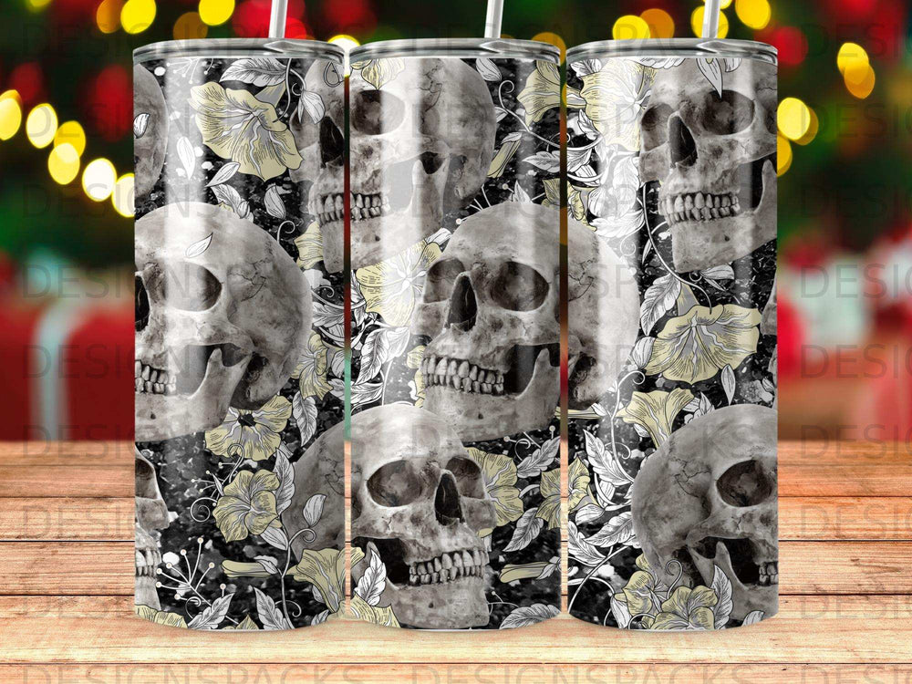 Skulls and yellow flowers pattern on a tumbler cup with bokeh lights.