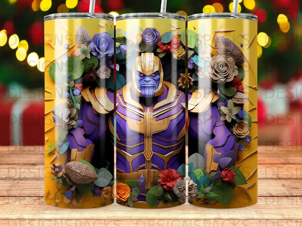 Thanos with gold armor and purple skin, surrounded by colorful flowers and leaves.