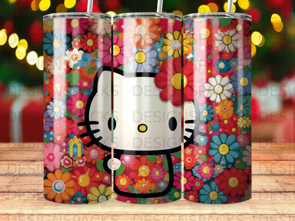 Hello Kitty with colorful floral pattern on a tumbler.