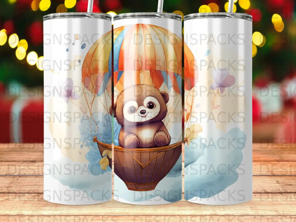 Bear in hot air balloon with clouds and colorful abstract background.