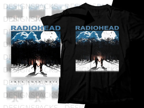 Radiohead logo above a snow-covered forest scene with two figures holding hands.
